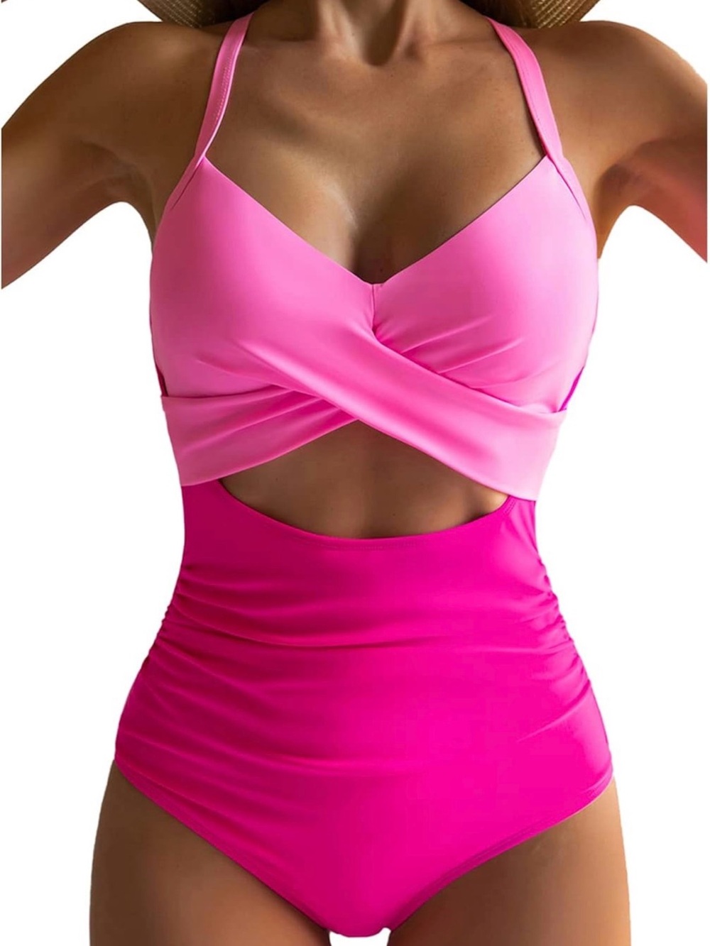 Girls' Pink Two-Tone Twist Front One-Piece Swimsuit